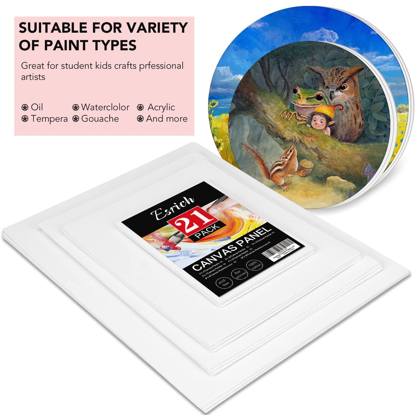 Canvas Boards for Painting-21 Pack Blank Canvas Boards-4x4, 5x7, 8x10, 9x12, 11x14, Round Canvas D8, D10, Cotton Primed Canvas Panels, Painting Canvas for Oil, Acrylic, Watercolor.