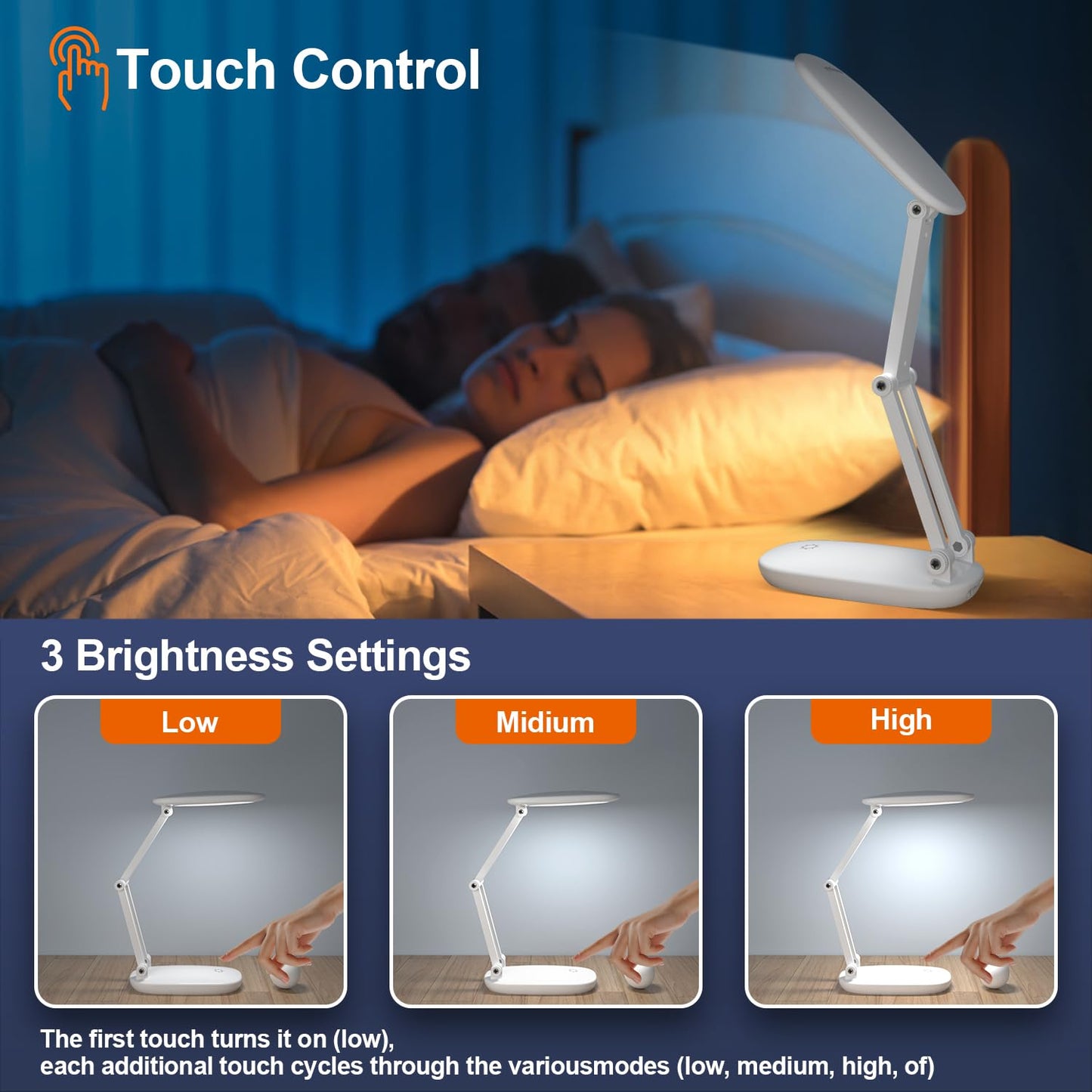 LED Desk Lamp for Office Home & Battery Operated Lamp Rechargeable Lamp Foldable & Portable Light, [2-Fold Bracket] 3 Brightness Dimmable Small Desk Lamp Wireless Reading Lamp (White)