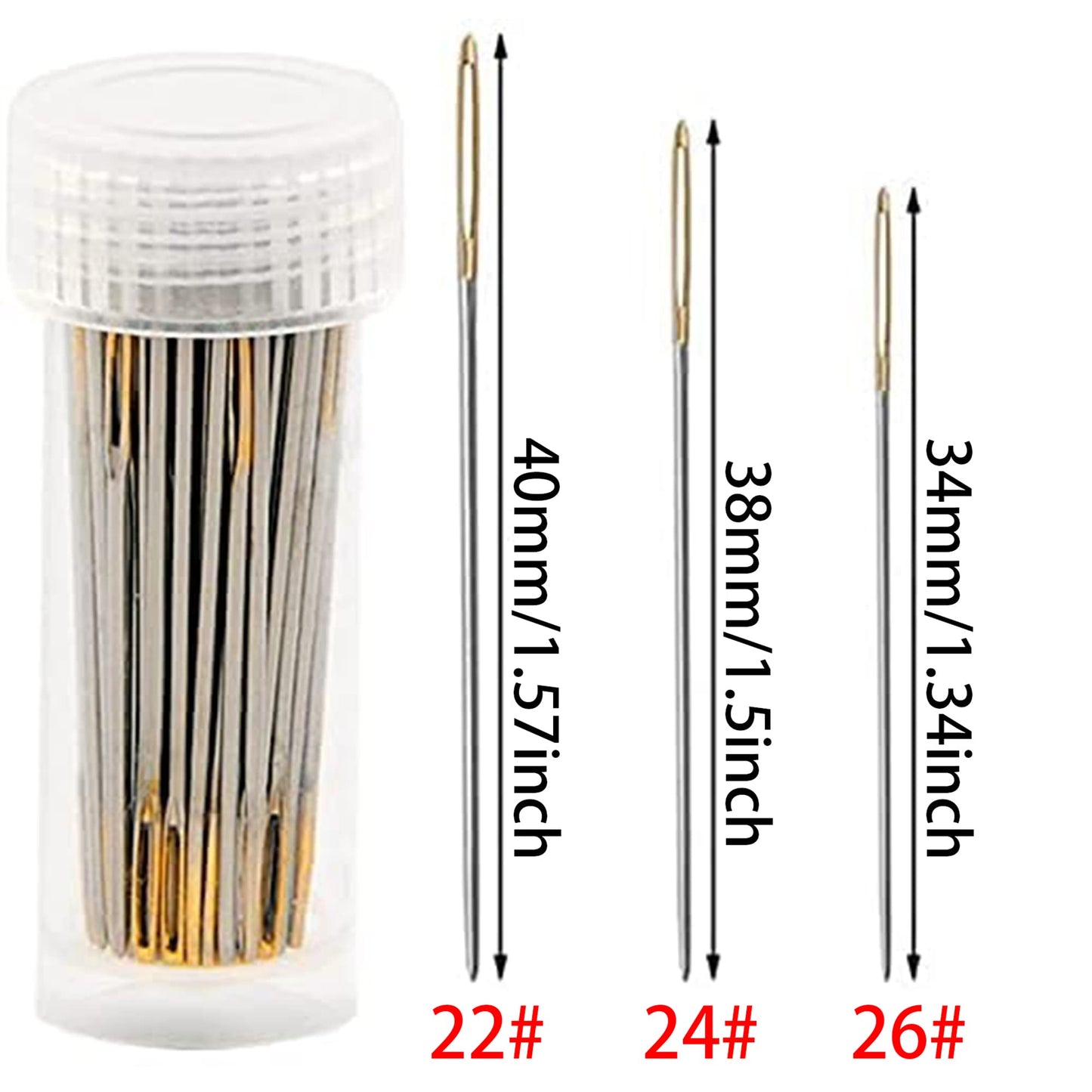 90pcs Cross Stitch Needles +2 Needle Threader Golden Color Large Eyes Cross Stitch DIY Embroidery Hand Needles Sewing Needles in Transparent Box Size 22# 24# 26#