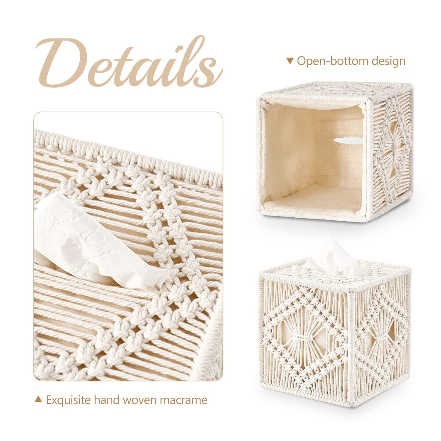 Tissue Box Cover Macrame Square Open-Bottom Tissue Box Holder Boho Decor Tissue Organizer Bohemian Handmade Woven Tissue Cube Box for Bathroom Bedroom Dresser Living Room Office Dorm