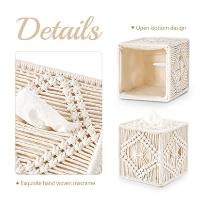 Tissue Box Cover Macrame Square Open-Bottom Tissue Box Holder Boho Decor Tissue Organizer Bohemian Handmade Woven Tissue Cube Box for Bathroom Bedroom Dresser Living Room Office Dorm