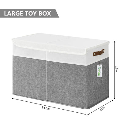 Large Toy Storage Box with Lids, Collapsible Sturdy Baby Storage Organizer Chest Bin Basket for Kids, Boys, Girls, Playroom, Nursery, Bedroom, Closet 25"x13"x16" (Gray and White)