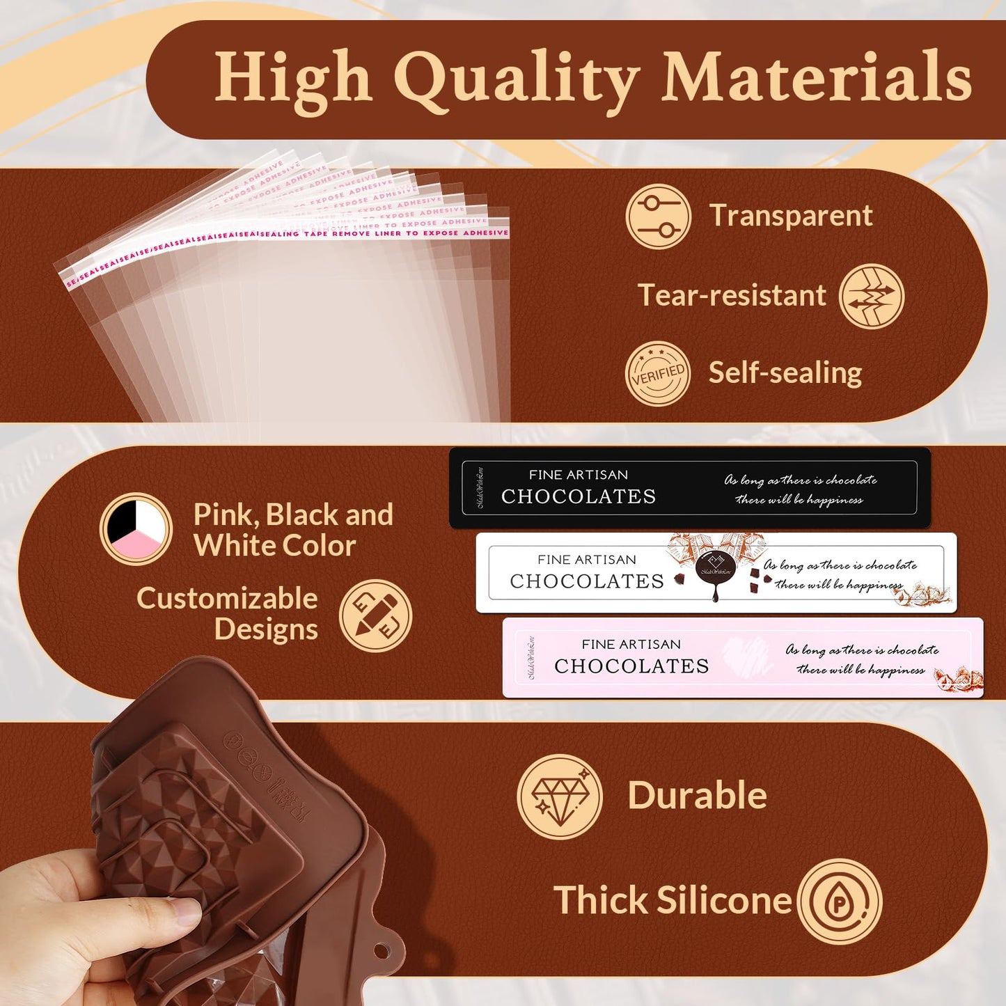 Chocolate Candy Bar Mold Silicone with 50 Clear Wrappers/Stickers/Plastic Scraper and Reusable Storage Bag, Lover Mothers Fathers Day DIY Chocolate Molds Gift