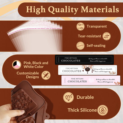 Chocolate Candy Bar Mold Silicone with 50 Clear Wrappers/Stickers/Plastic Scraper and Reusable Storage Bag, Lover Mothers Fathers Day DIY Chocolate Molds Gift