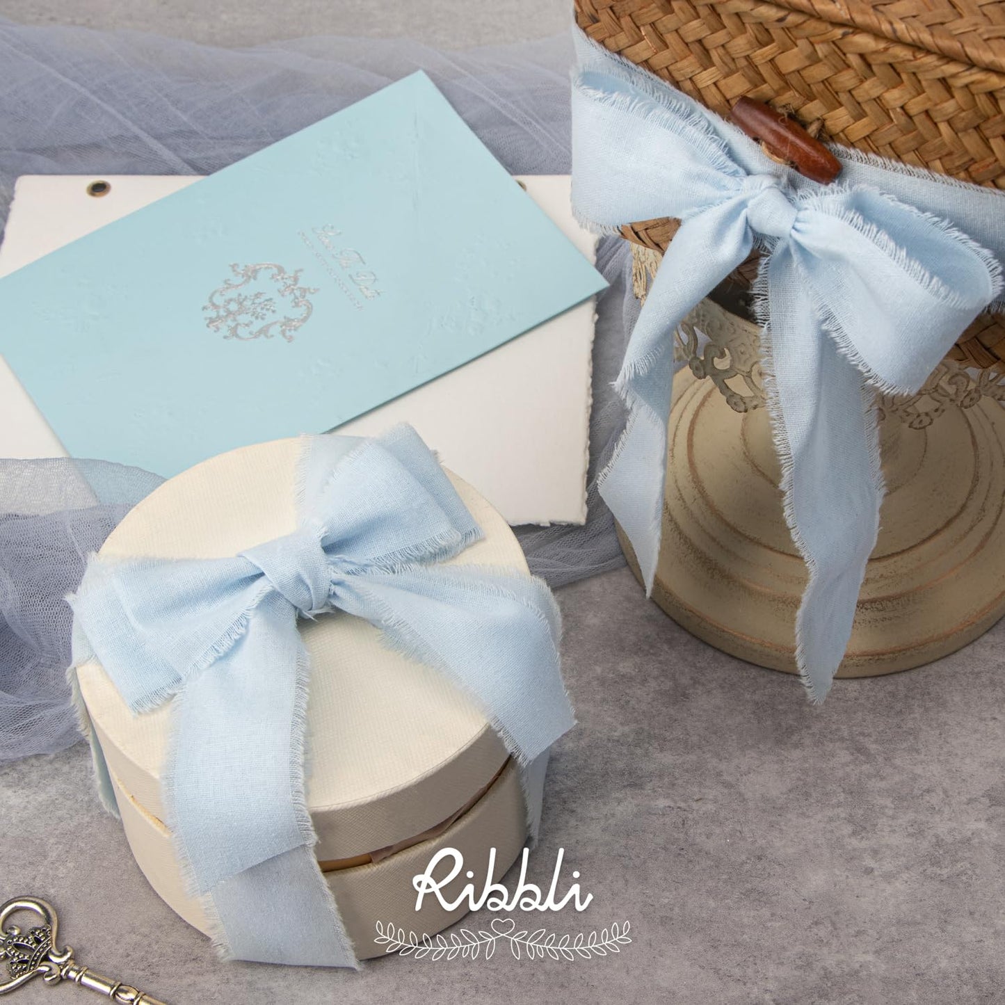 3 Rolls Light Blue Ribbon 1.5 Inch x 18Yards Handmade Cotton Frayed Fringe Ribbons for Gift Wrapping Wedding Invites Bridal Bouquets Baby Shower DIY Crafts Home Decor