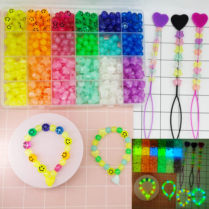 612Pcs Candy Color Acrylic UV Glow in The Dark Beads - Happy Face, Heart, Star Shapes - Color Changing Sun Reactive Plastic Solar Hair Beads Bulk for Bracelet Necklace Jewelry Making