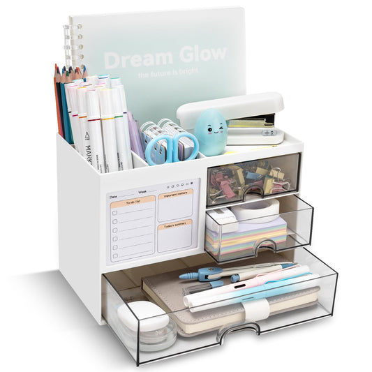 Desk Organizer with 3 Drawer, Multi-Functional Pencil Pen Holder for Desk, Desk Organizers and Storage with 8 Compartments, Desktop Organizer for Office Home Art Supplies (White)