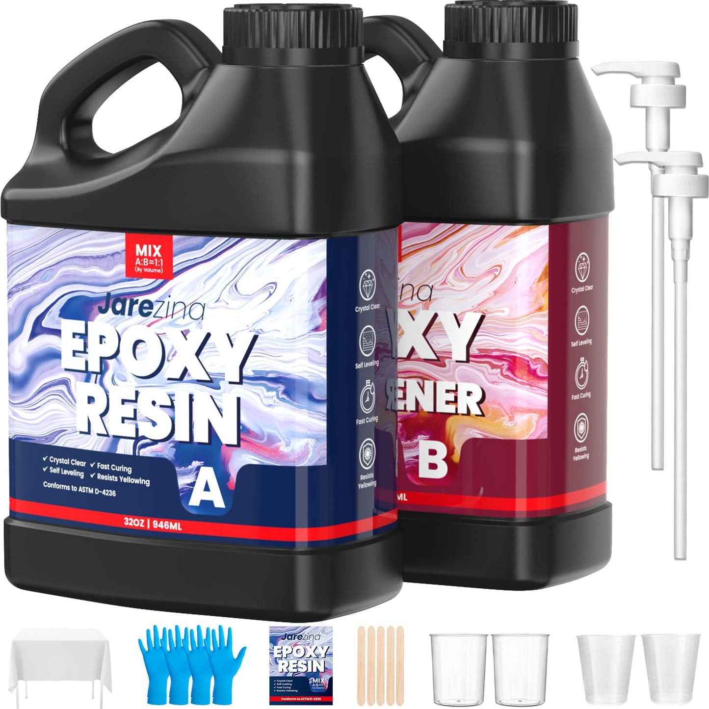 64OZ Epoxy Resin Kit,Crystal Clear Epoxy Resin-Strong and No Bubble,Not Yellowing,Self Leveling Easy Mix 1:1,Suitable for Art Casting,DIY,Jewelry Projects, Wood & Molds