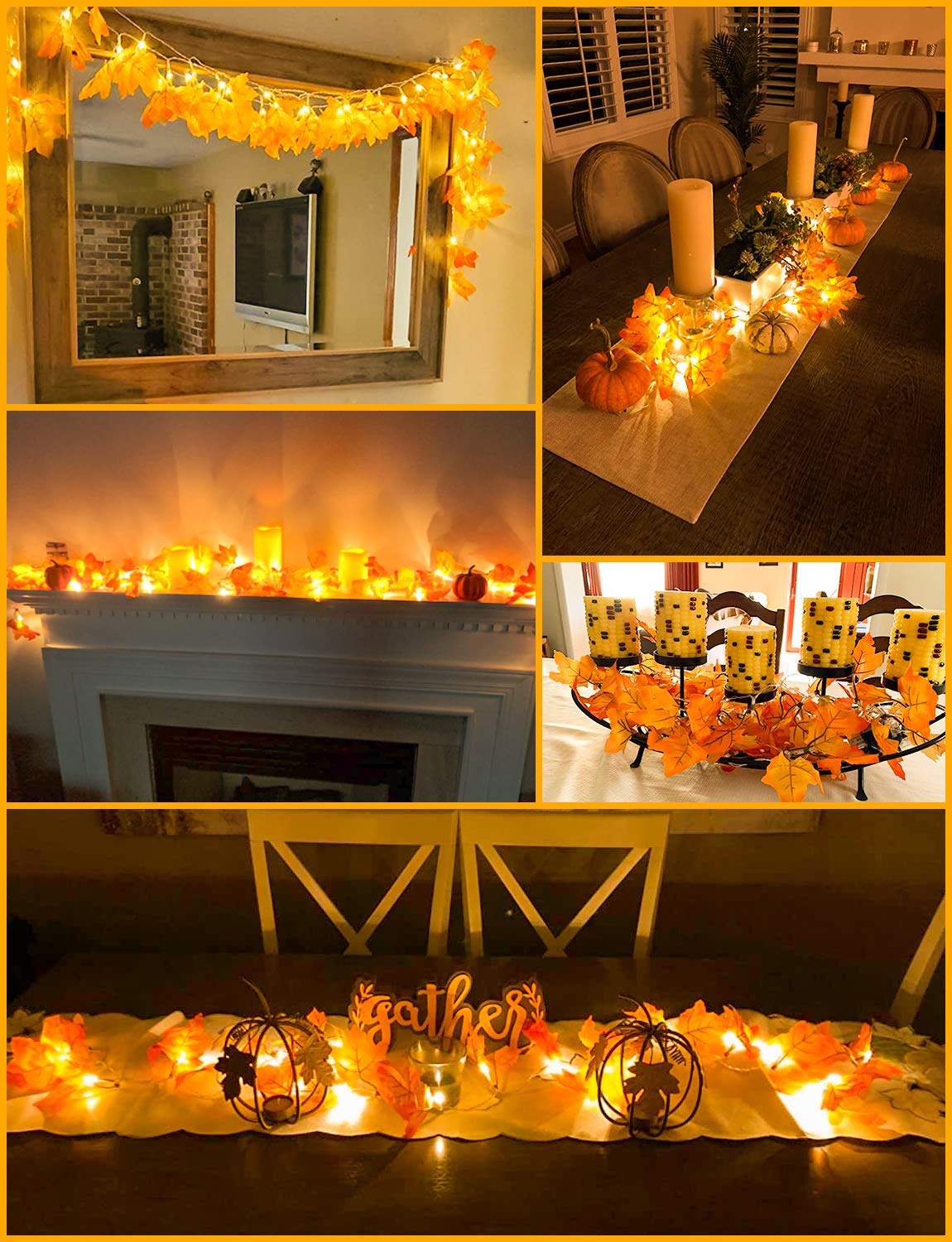 8 Lighting Modes & Timer Fall Decorations for Home Maple Leaf Garland with Lights 40LED Battery Operated Waterproof String Lights, Thanksgiving Halloween Fall Decor Indoor Outdoor Autumn