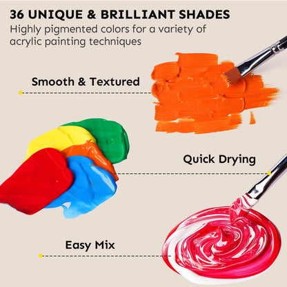 Acrylic Paint Set 24 Colors(2oz /60ml) with 12 Brushes,Rich Pigmented, Premium Acrylic Paints for Canvas Wood Glass Rock Leather Painting, Art Craft Paint Supplies