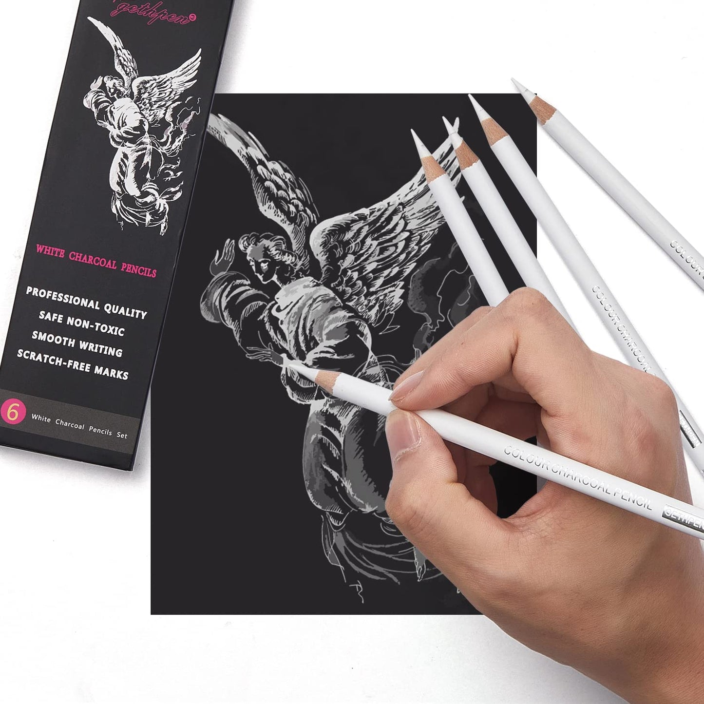 Professional White Charcoal Pencils Set - 6 Pieces Sketch Highlight White Pencils for Drawing, Sketching, Shading, Blending - Beginners & Artists