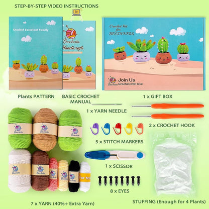 Crochet Kit for Beginners - Crochet Starter Kit with Step-by-Step Video Tutorials, Learn to Crochet Kits for Adults and Kids, DIY Knitting Supplies, 4 Pack Plants Family(40%+ Yarn)