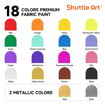 Fabric Paint, Shuttle Art 18 Colors Permanent Soft Fabric Paint in Bottles (60ml/2oz) with Brushes, Palette, Stencils, Non-Toxic Textile Paint for T-Shirts, Shoes, Jeans, Bags, DIY Projects&Art