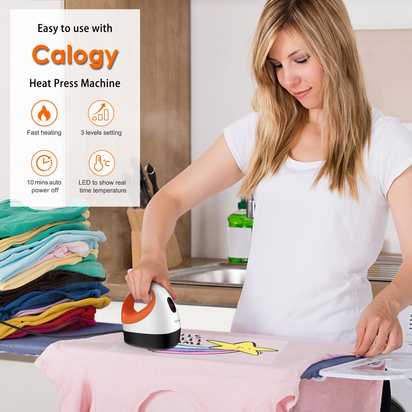 Mini Heat Press, Heat Transfer Machine, Constant Temp Control, Insulated Safety Base, Fits for Crafts, T-Shirt, Hat, Cap, Pillows (White Orange)