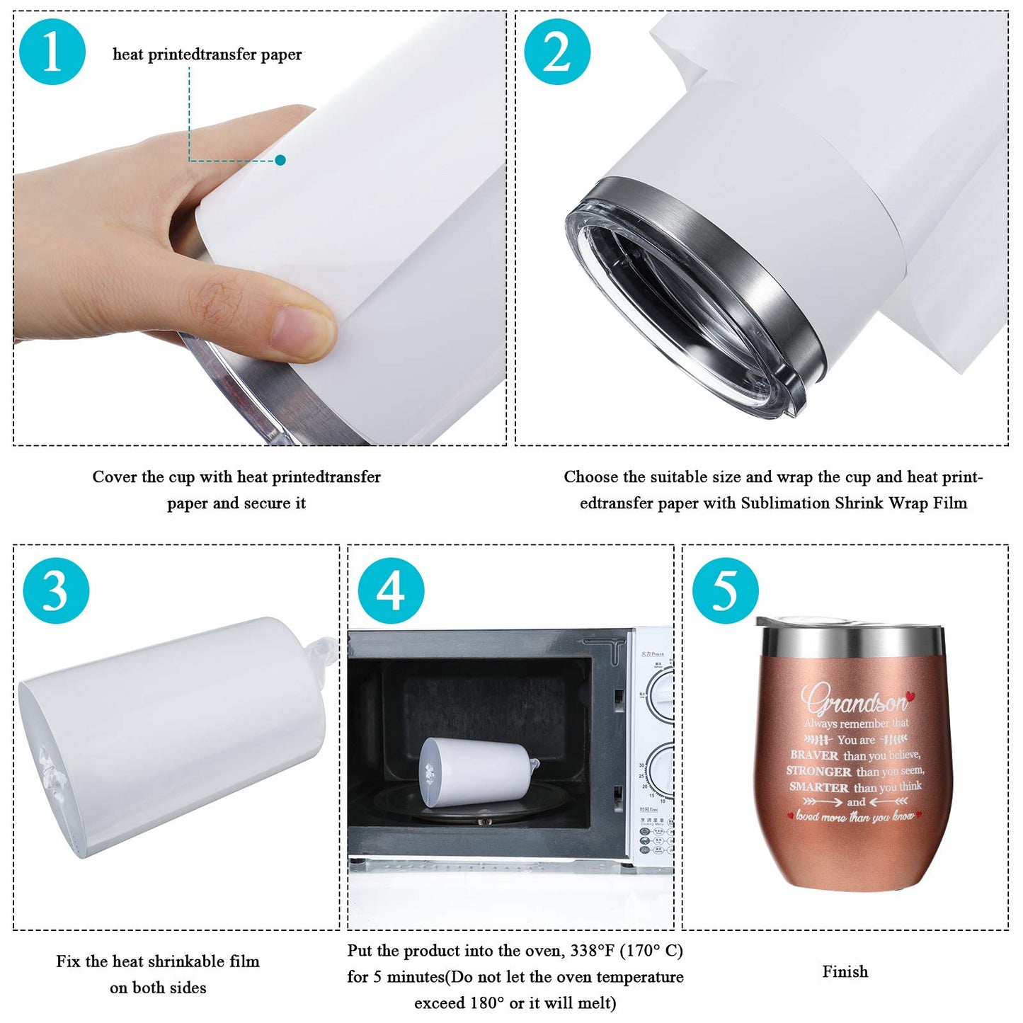 50 Pcs Sublimation Heat Shrink Sublimation Shrink Wraps Film Blanks Wrap Sleeves White Wrap Bags Tube, 5 Different Sizes, 9 x 14 Inch, 8 x 8 Inch, 7 x 11 Inch, 5 x 10 Inch, 4 x 3 Inch