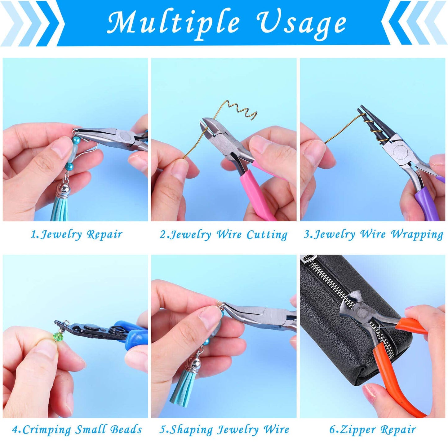 Jewelry Making Tools Kit: 6pc Set, Including Needle Round Nose, Wire Cutters, Crimper & End Nippers for Beading & Craft