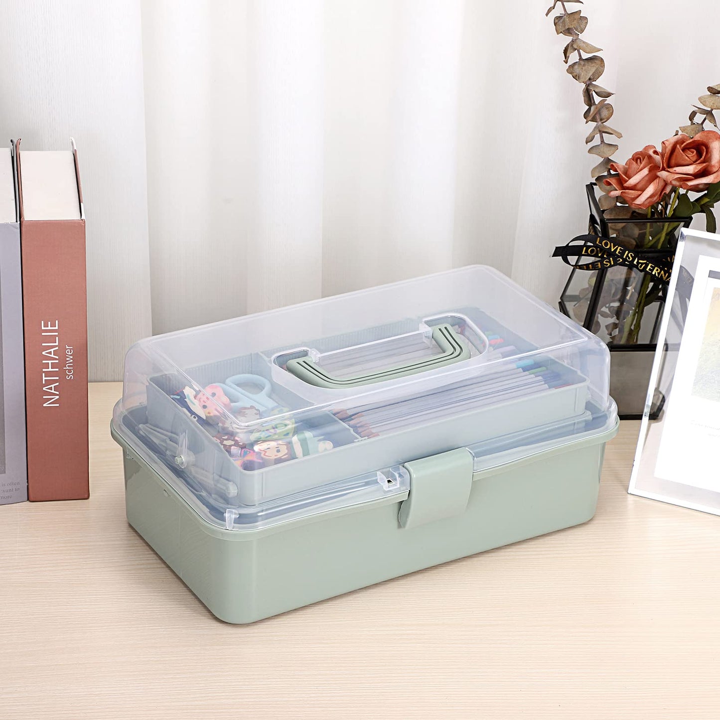 3-Layer Plastic Dividing Storage Box Craft Organizer and Storage with Adjustable Spacers Portable Handled Art Supply Organizer Multipurpose Home Utility Box for Medicine Box Sewing Box Organizer (Haze Green)