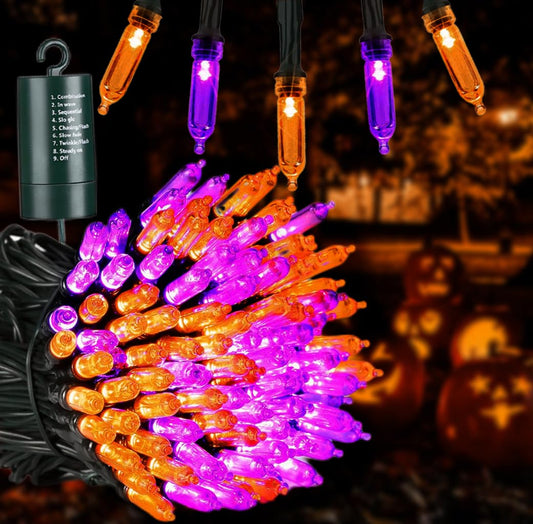 Orange Purple Halloween Lights,Battery Operated 33ft 100 LED Mini String Lights Waterproof Halloween Lights with 8 Modes & Timer Function for Halloween Decorations