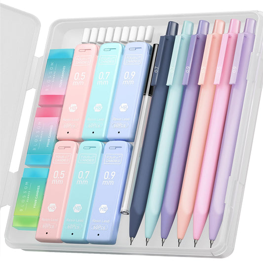 Cute Mechanical Pencil Set, 6PCS Pastel Mechanical Pencils 0.5 mm & 0.7mm & 0.9mm with 360PCS Leads, 3PCS Erasers and 9PCS Eraser Refills, Aesthetic Pencils for Girls Writing, Art Drawing