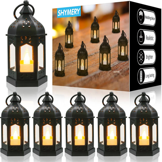 Mini Lantern with Flickering LED Candles,Vintage Black Decorative Hanging Candle Lanterns for Halloween,Wedding Decorations,Christmas,Table Centerpiece,Battery Included（Set of 6）