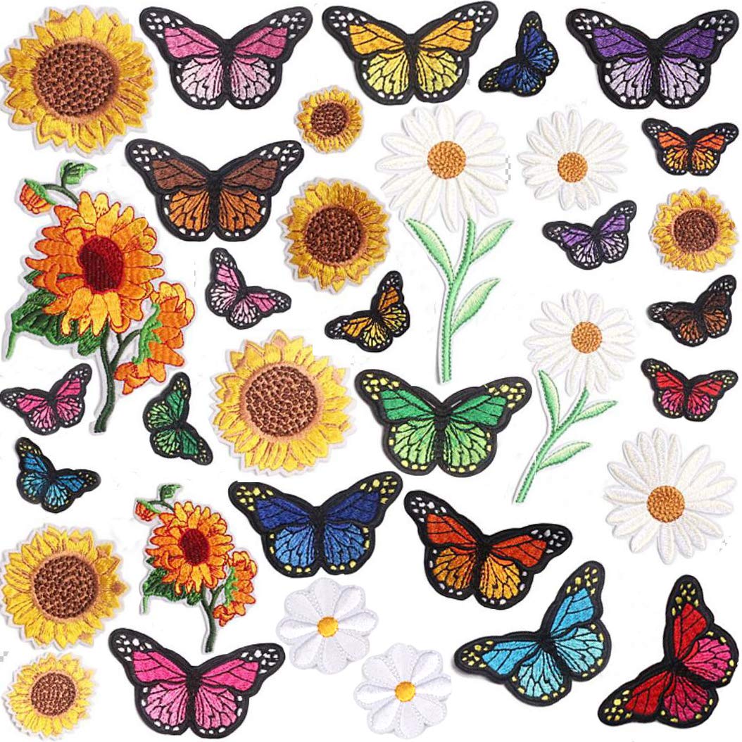 35 Pieces Embroidered Iron on Patch for Clothing, NNHOM only.Sunflowers Butterfly Iron On Patches Set,Large Size Cute Decoration Embroidered Patches Pack for Jeans,Bags, Clothing