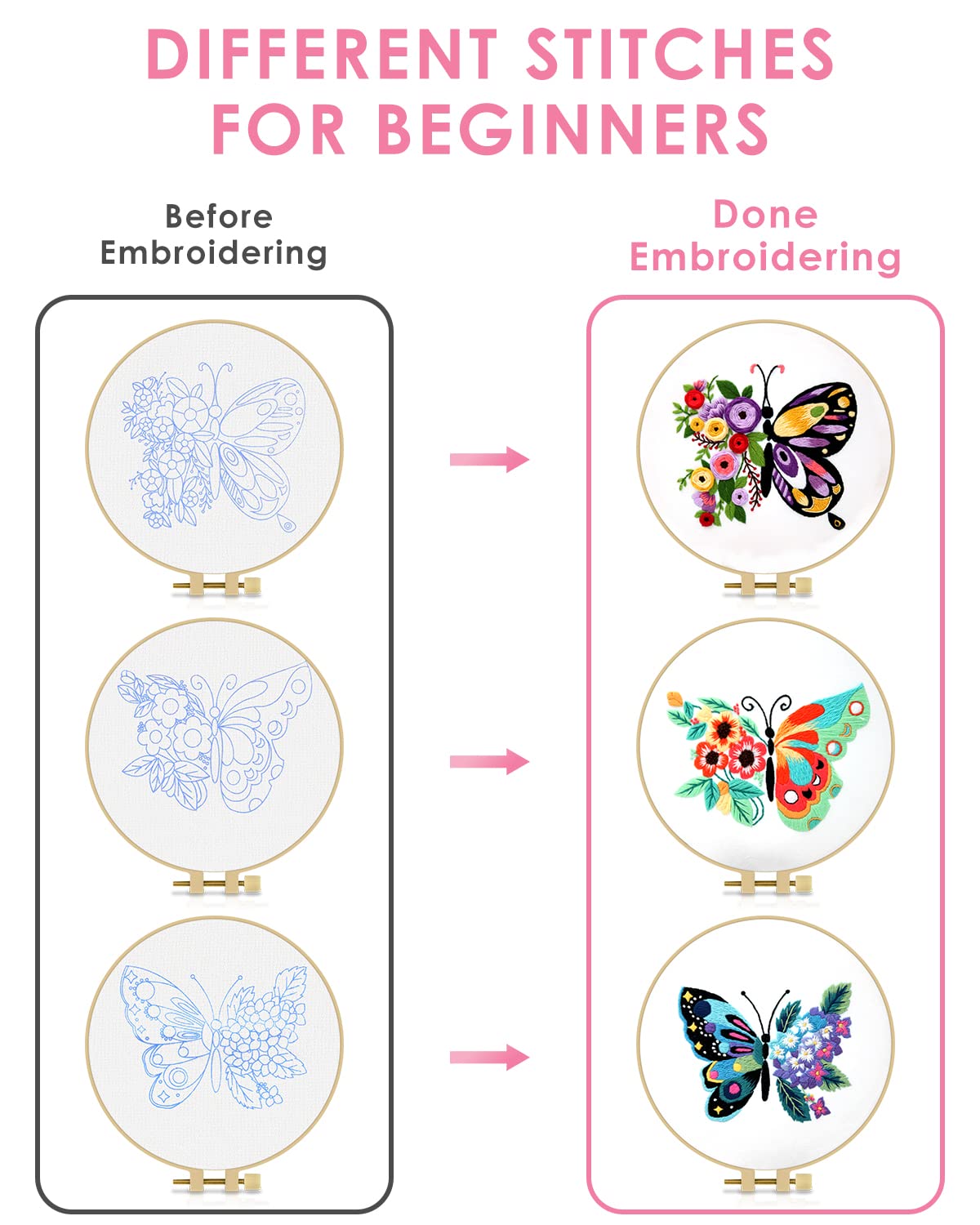 3 Sets Embroidery Stitch Practice kit, Butterfly Flower Embroidery Kit for Beginners Include Cloth Hoops Threads for Craft Lover Hand Stitch with Embroidery Skill Techniques