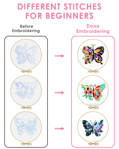 3 Sets Embroidery Stitch Practice kit, Butterfly Flower Embroidery Kit for Beginners Include Cloth Hoops Threads for Craft Lover Hand Stitch with Embroidery Skill Techniques