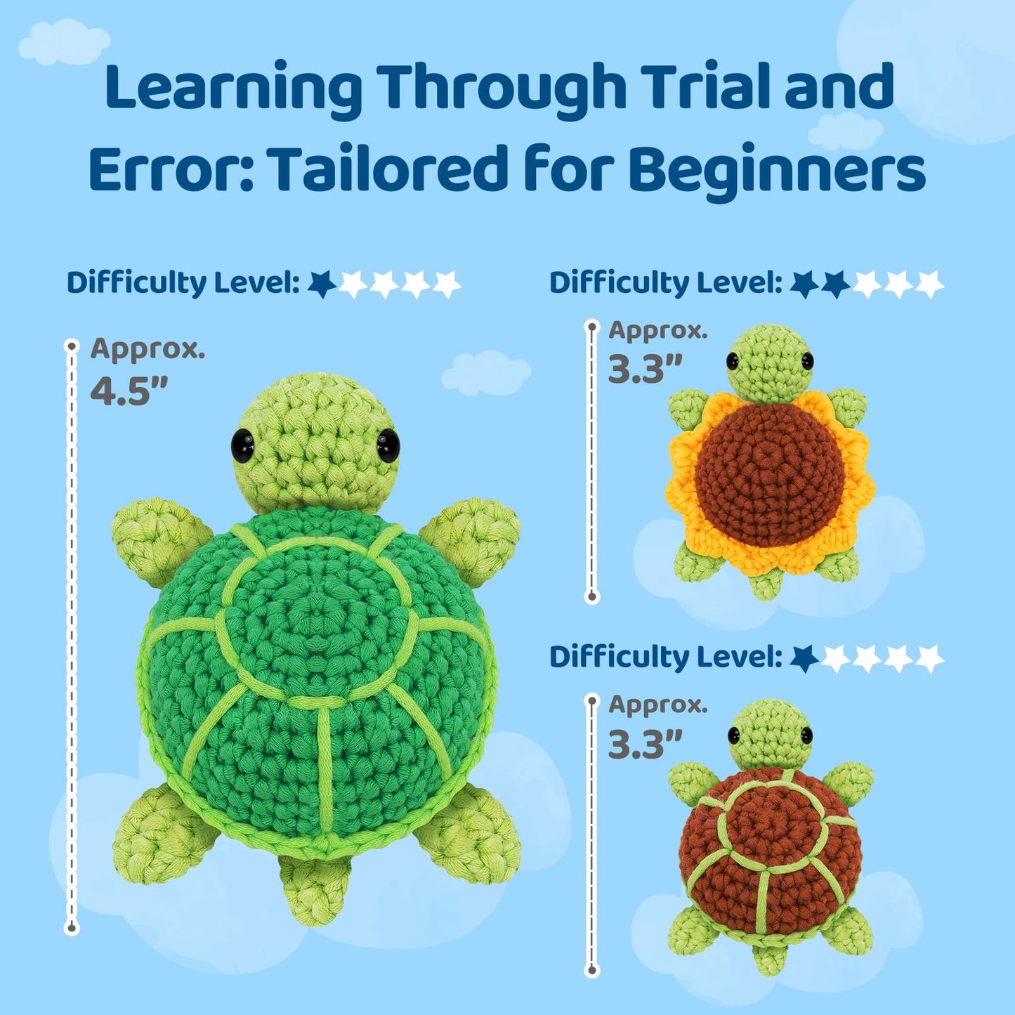 Beginner Crochet Kit with 40% Extra Yarn, Pre-Started Yarn & Video Tutorials - 3 Sea Turtles Craft Set for Adults & Kids