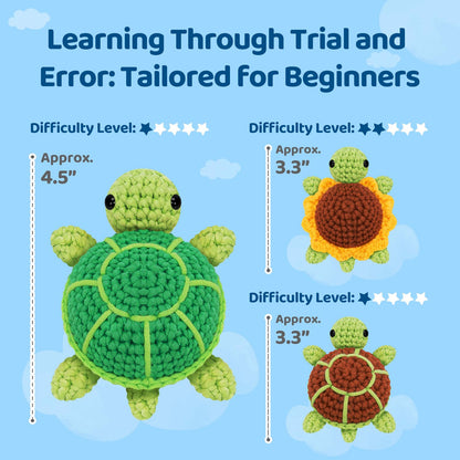 Beginner Crochet Kit with 40% Extra Yarn, Pre-Started Yarn & Video Tutorials - 3 Sea Turtles Craft Set for Adults & Kids