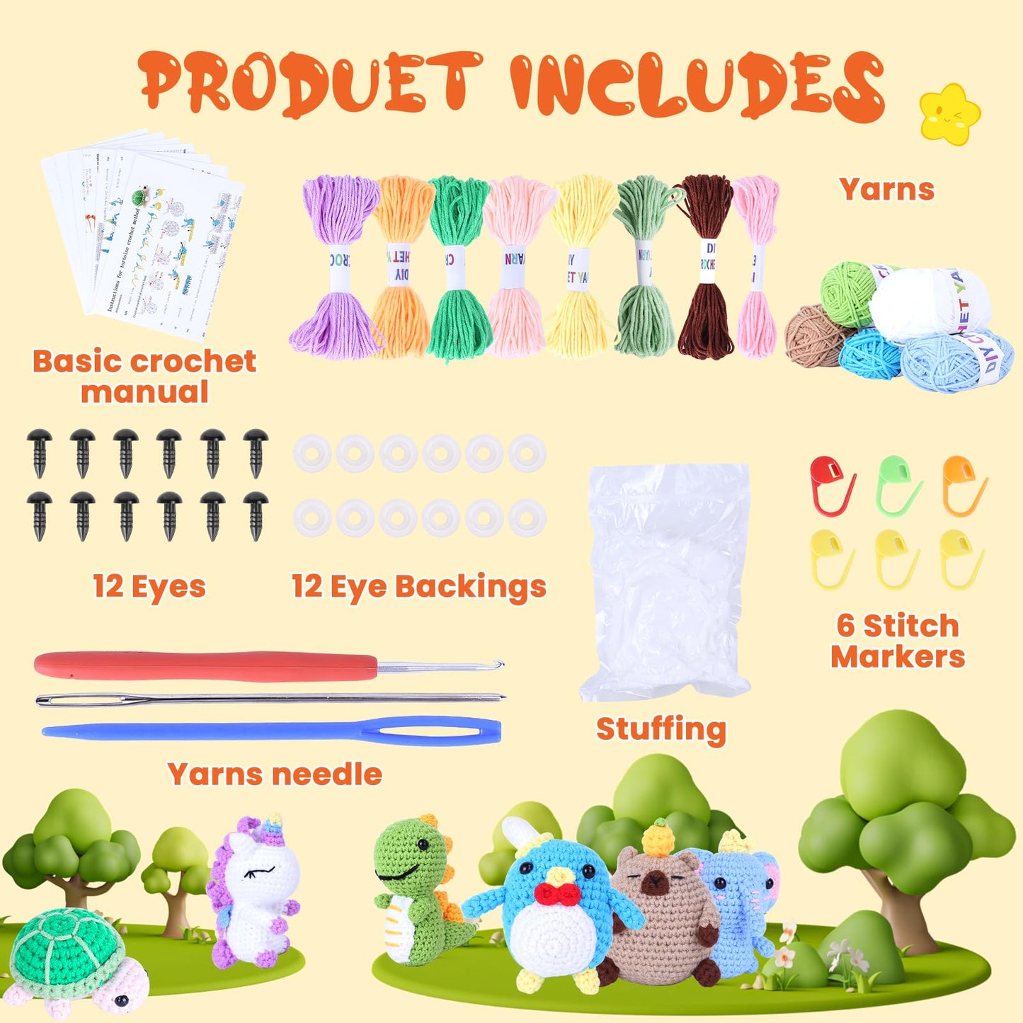 Knitting Kit for Beginners with 6 Pcs Crochet Animal Kit for Beginners in Step by Step Video Tutorials, Beginner Crochet Kit for Adults (Green)