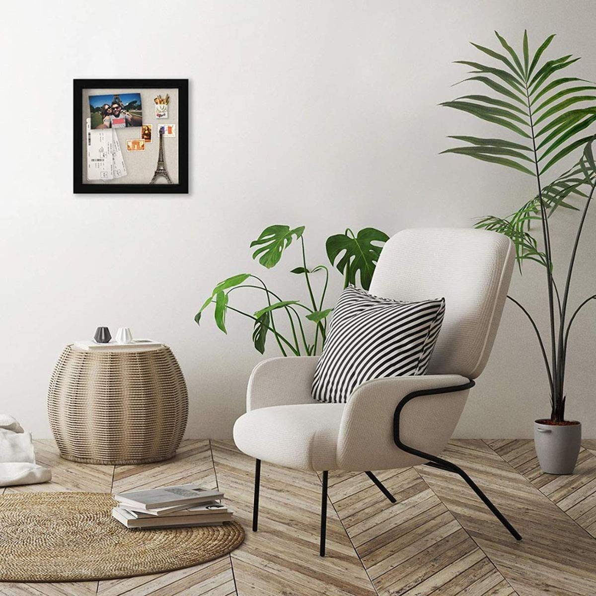 8x8 Shadow Box Picture Frame with Linen Board - Deep Wood & Glass Display Case Ready to Hang Memory Box Baby Sports Memorabilia, Pins, Awards, Medals, Wedding, Tickets and Photos (Black)