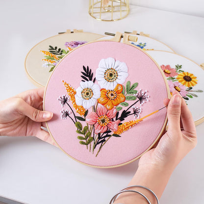 Flower Embroidery Kit for Beginners with Flower Pattern and Instructions,4 Pack Cross Stitch Kits,2 Wooden Embroidery Hoops,Threads and Needles,Needlepoint Kit for Adults