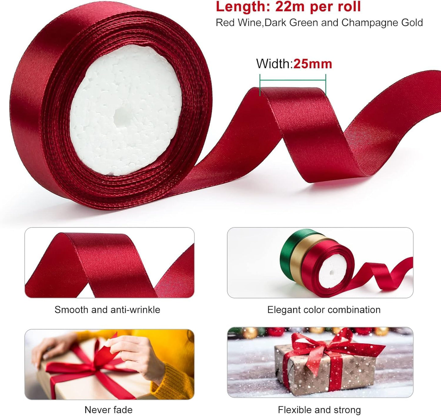 3 Rolls Christmas Ribbon 1 Inch X 50 Yards Red and Green Satin Ribbon Double Faced Polyester Holiday Ribbons for Gift Wrapping Wedding Decor