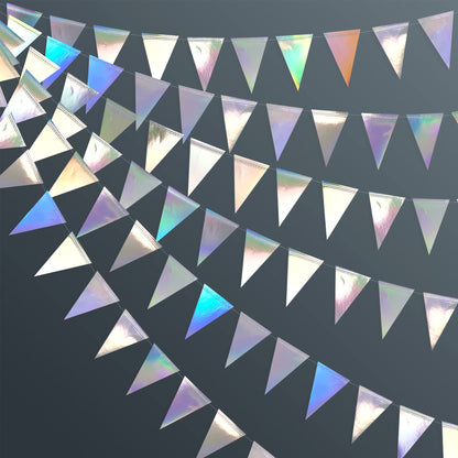 40Ft Iridescent Party Decorations Holographic Hanging Triangle Pennant Banner Flag Bunting Garland for Graduation Birthday Anniversary Engagement Wedding Bridal Baby Shower Disco Hen Party Supplies
