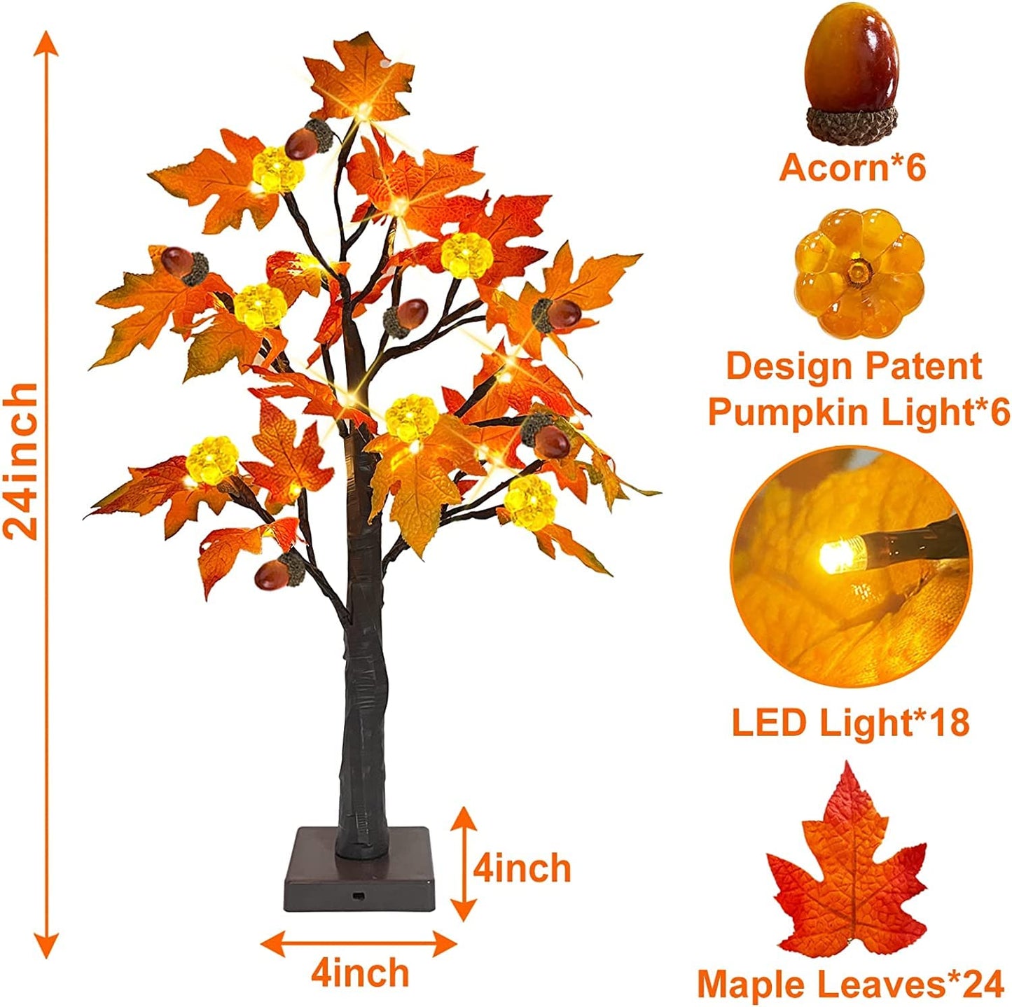 [ 2 Pack & Timer ]   24 Inch Lighted Maple Tree Fall Decor, Total 48 LED Battery Operated Tabletop Artificial Tree Design Patent Pumpkin & Acorn Thanksgiving Halloween Decoration Home Indoor