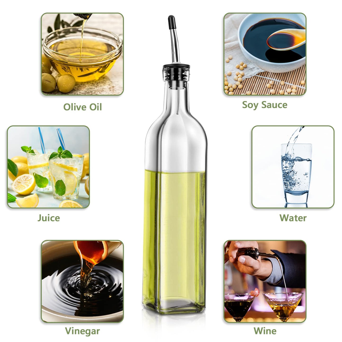 Olive Oil Dispenser Bottle, 2 Pcs Glass Olive Oil Dispenser and Vinegar Dispenser Set with 2 Stainless Steel Pourers, 4 Labels,1 Brush and 1 Funnel Oil Bottles for Kitchen (500ml) & Organizer Storage Tote Bag