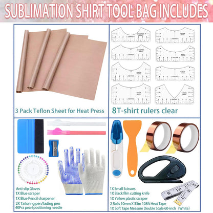 Sublimation Shirts Tool Kits with 8 T Shirt rulers, 3Pack Teflon Sheet for Heat Press 12 x 16in, Heat Resistant Gloves with Silicone Bumps, 2 Rolls Heat Resistant Tape, 2Pcs Sublimation Pencil