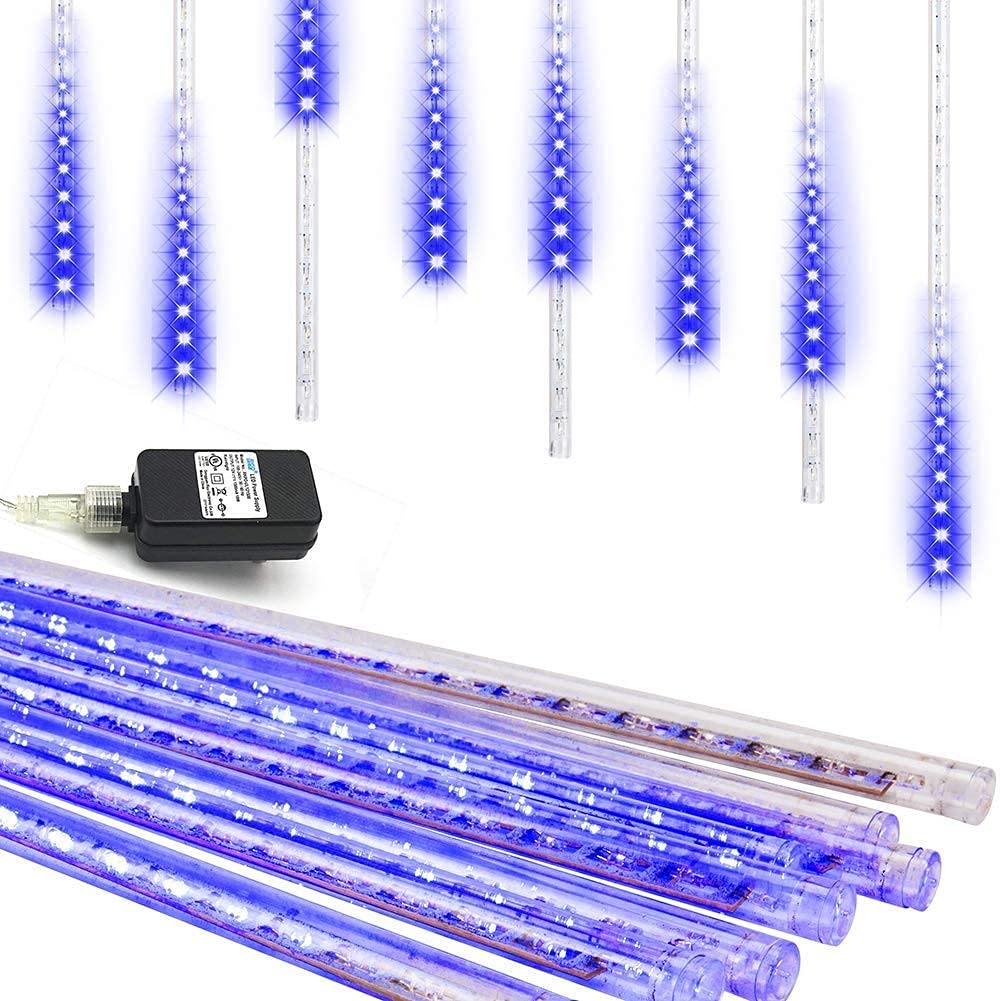 Meteor Shower Lights Outdoor Christmas Lights UL Certified Falling Rain Drop Snowfall Icicle Cascading String Light for Xmas Holiday Tree Wedding Party Garden Decor Blue, 12 Inch 8 Tubes
