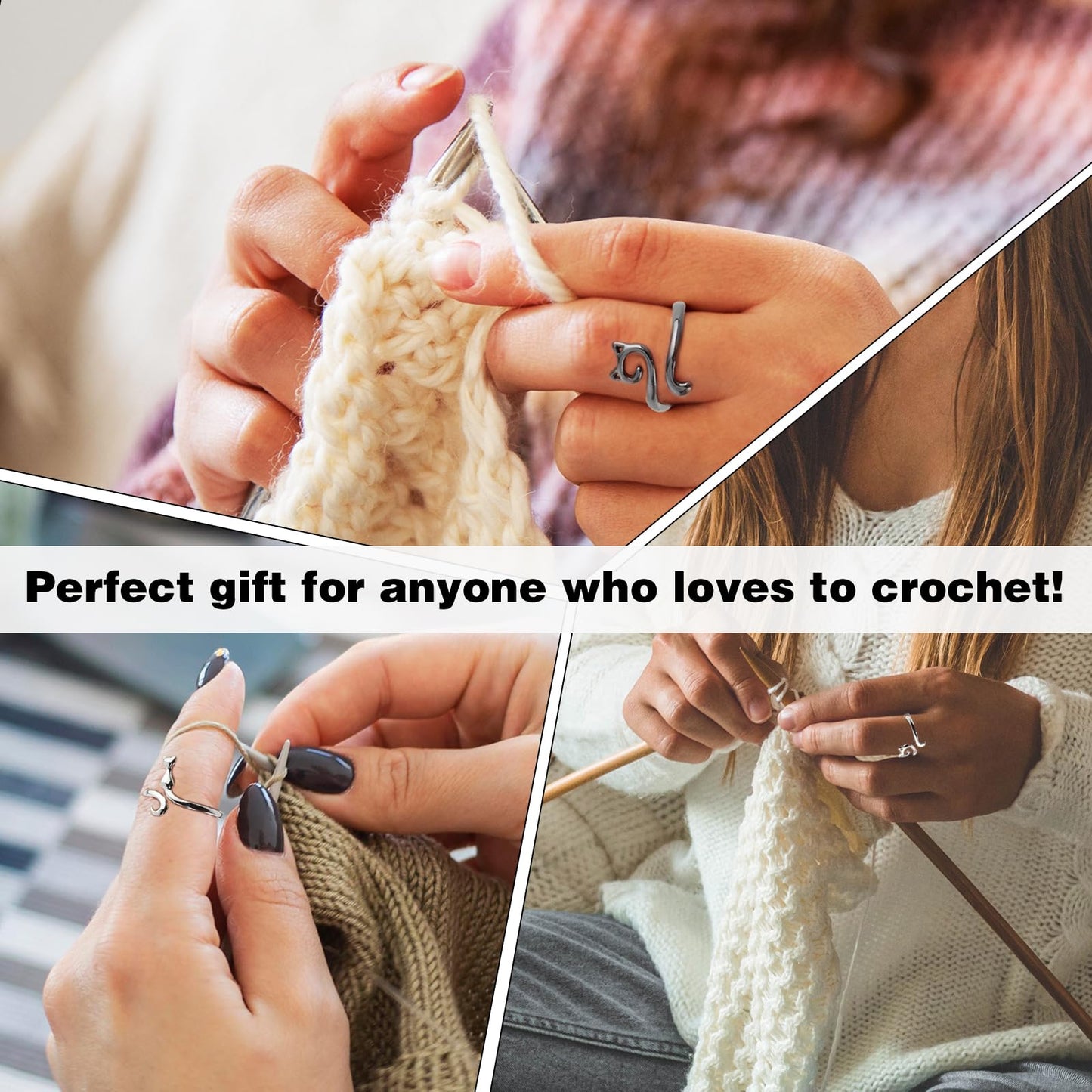 6 Pcs Crochet Rings for Finger Adjustable Crochet Knitting Loop Accessories Metal Yarn Guide Finger Holder Rings, Knitting & Crochet Supplies for DIY Crafts, 4 Colors