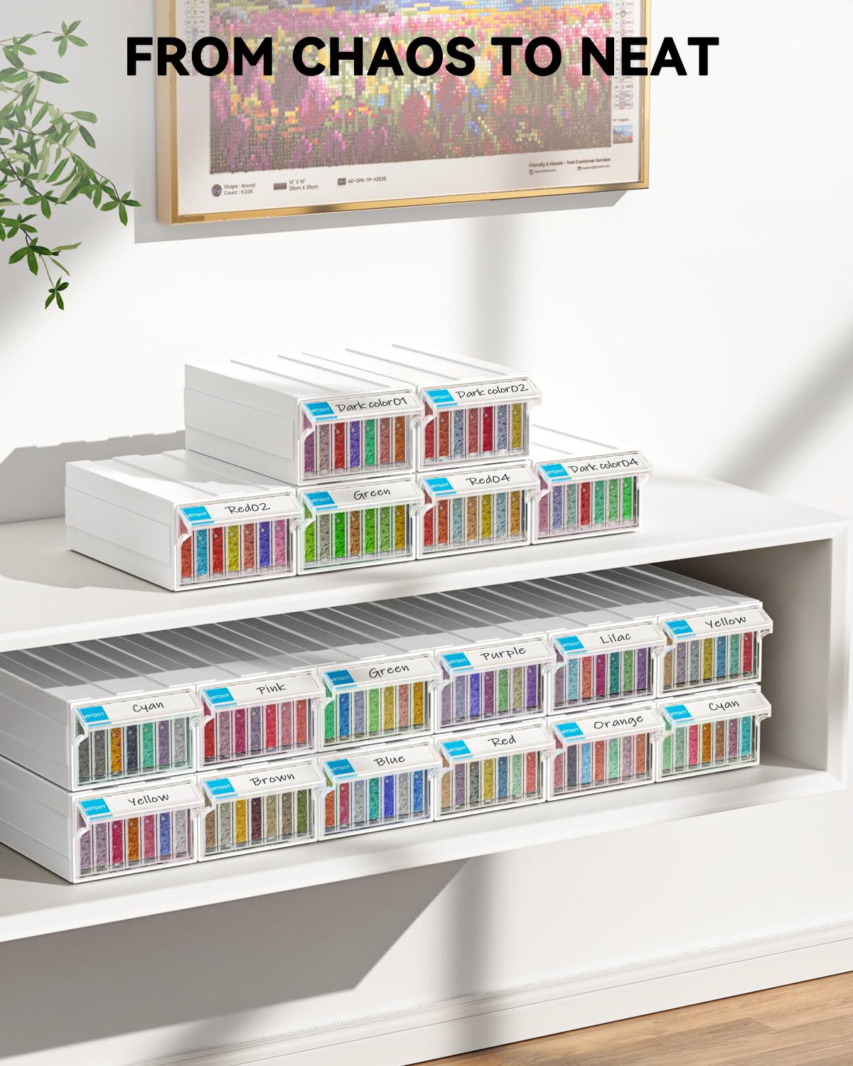 Diamond Painting Storage, 4 Pack Stackable Bead Organizer 140 Slots Individual Containers with Diamond Art Accessories and Tools for Beads Nail Pill Rhinestones Seed