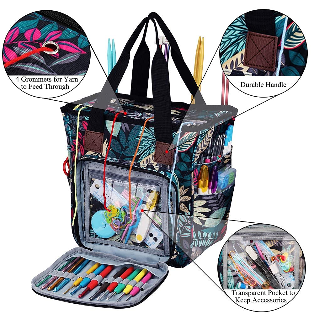 Crochet & Knitting Tote, Traveling Craft Tote Organizer for Hooks, Needles, Skein, Diamond Painting, Supplies (Forest Green)