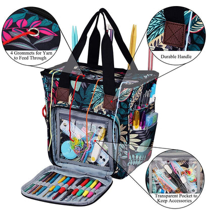 Crochet & Knitting Tote, Traveling Craft Tote Organizer for Hooks, Needles, Skein, Diamond Painting, Supplies (Forest Green)