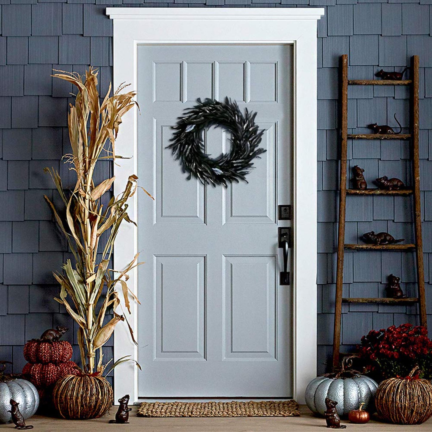 Black Feather Wreath - 14.9'' Natural Cocktail Feather Wreath, Halloween Photo Props, Front Door Decor Witch Spooky Scene Party Decorations