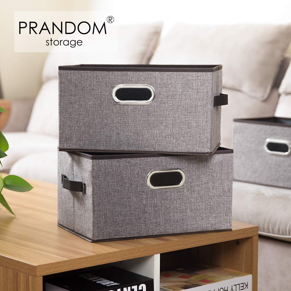 Fodable Storage Bins for Closet [3-Pack] Decorative Fabric Storage Baskets Cubes with Leather/Metal Handles for Shelves Bedroom Living Room Grey (11.5x8.5x6.7 Inch)