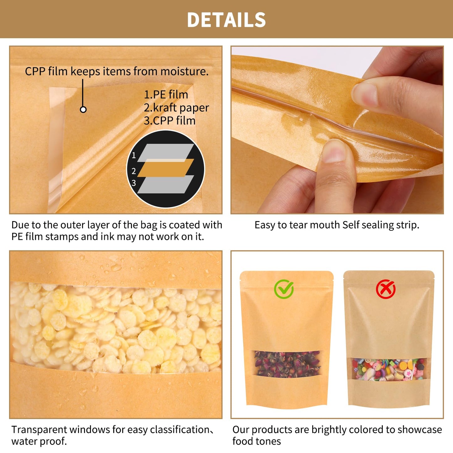 72pcs Kraft Paper Resealable Bags for Small Business, 5.9x8.6 Inches Stand Up Pouches, Food Packaging Bags with Window, Ziplock Coffee Pouches for Small Business