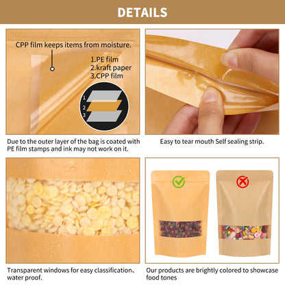 72pcs Kraft Paper Resealable Bags for Small Business, 5.9x8.6 Inches Stand Up Pouches, Food Packaging Bags with Window, Ziplock Coffee Pouches for Small Business