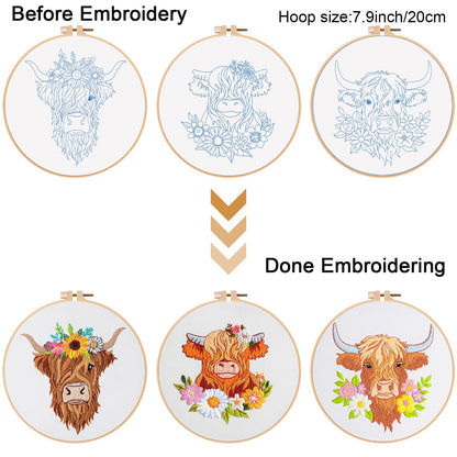 3 Sets Embroidery Kits for Beginners,Cross Stitch Kit for Adults,Starters DIY Needlepoint Including Hoop -Highland Cow and Florals Pattern