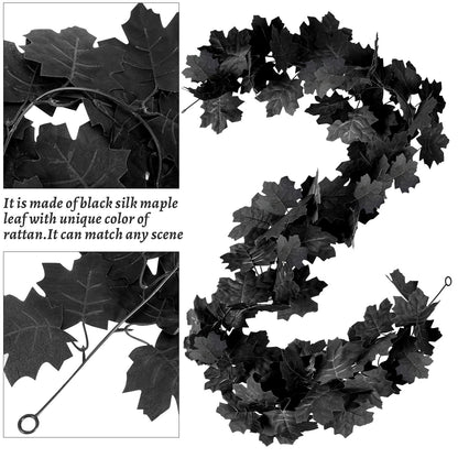 Black Maple Leaf Garland, 2PCS Halloween Artificial Hanging Fall Leave Vines, Fall Floral Garlands Thanksgiving Decor for Home Wedding Party (11.8FT)
