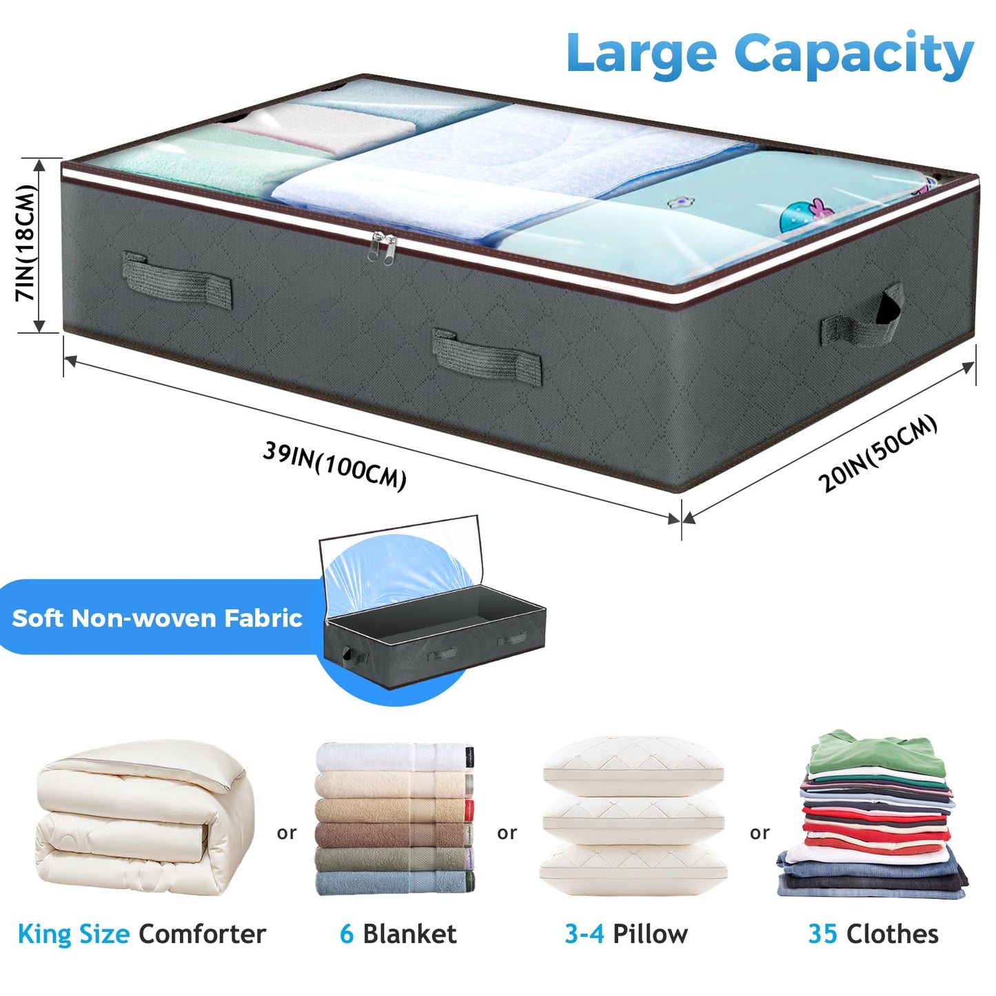 90L Under Bed Storage Containers, Closet Organizers and Storage Bins, Foldable Underbed Storage Bags for Blanket, Clothing, Comforter, Sweaters, Pillows, Linen Sheets, Wrapping Paper, Grey