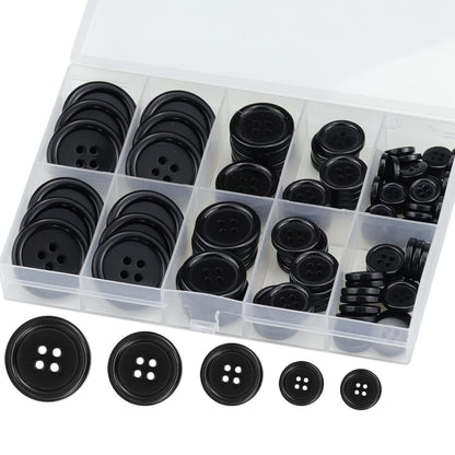 100 Pcs Black Resin Sewing Buttons, 4-Hole Craft Suit Coat Shirt Buttons, 5 Sizes, Round Mixed, with Compartment Storage Box, Suitable for Sewing, DIY and Holiday Decoration
